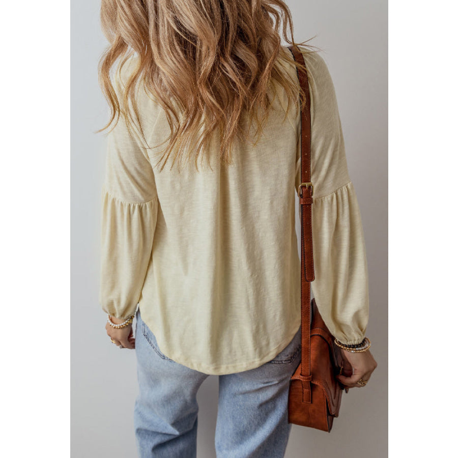 Embroidered Notched Long Sleeve Blouse Apparel and Accessories