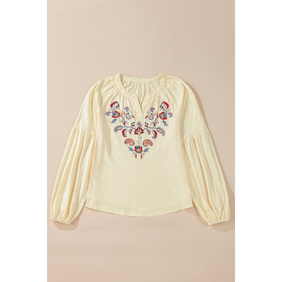 Embroidered Notched Long Sleeve Blouse Apparel and Accessories