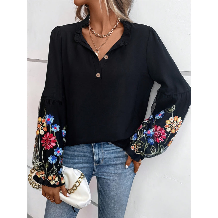 Embroidered Notched Long Sleeve Blouse Apparel and Accessories