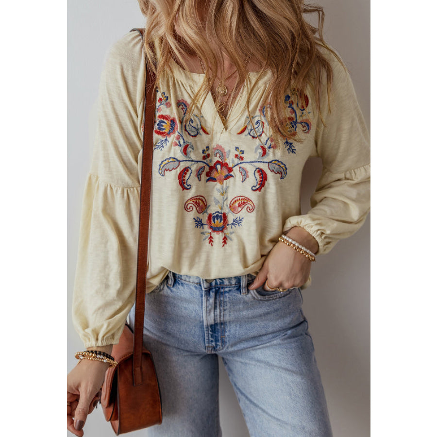 Embroidered Notched Long Sleeve Blouse Apparel and Accessories