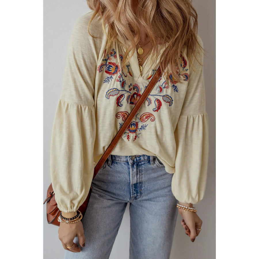 Embroidered Notched Long Sleeve Blouse Apparel and Accessories