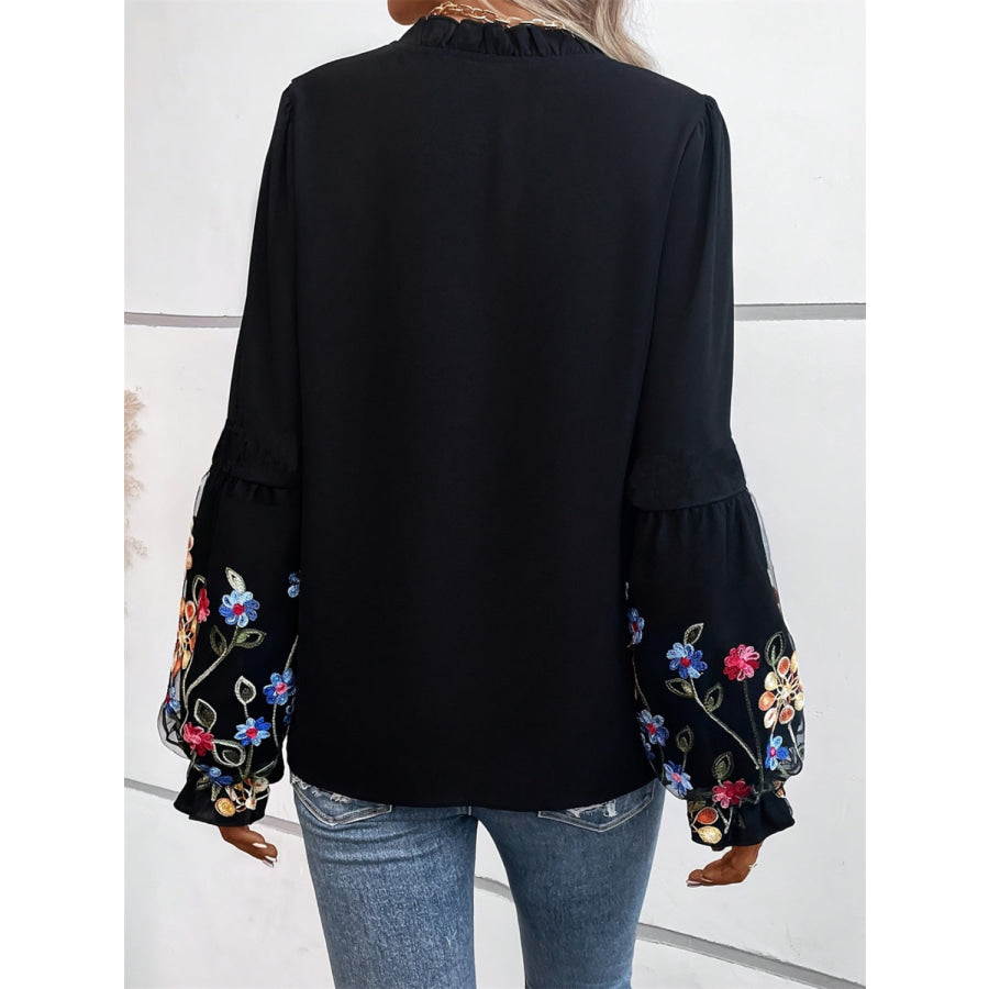 Embroidered Notched Long Sleeve Blouse Apparel and Accessories