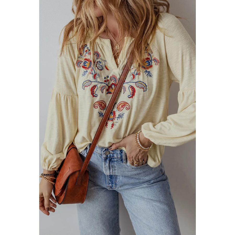 Embroidered Notched Long Sleeve Blouse Apparel and Accessories