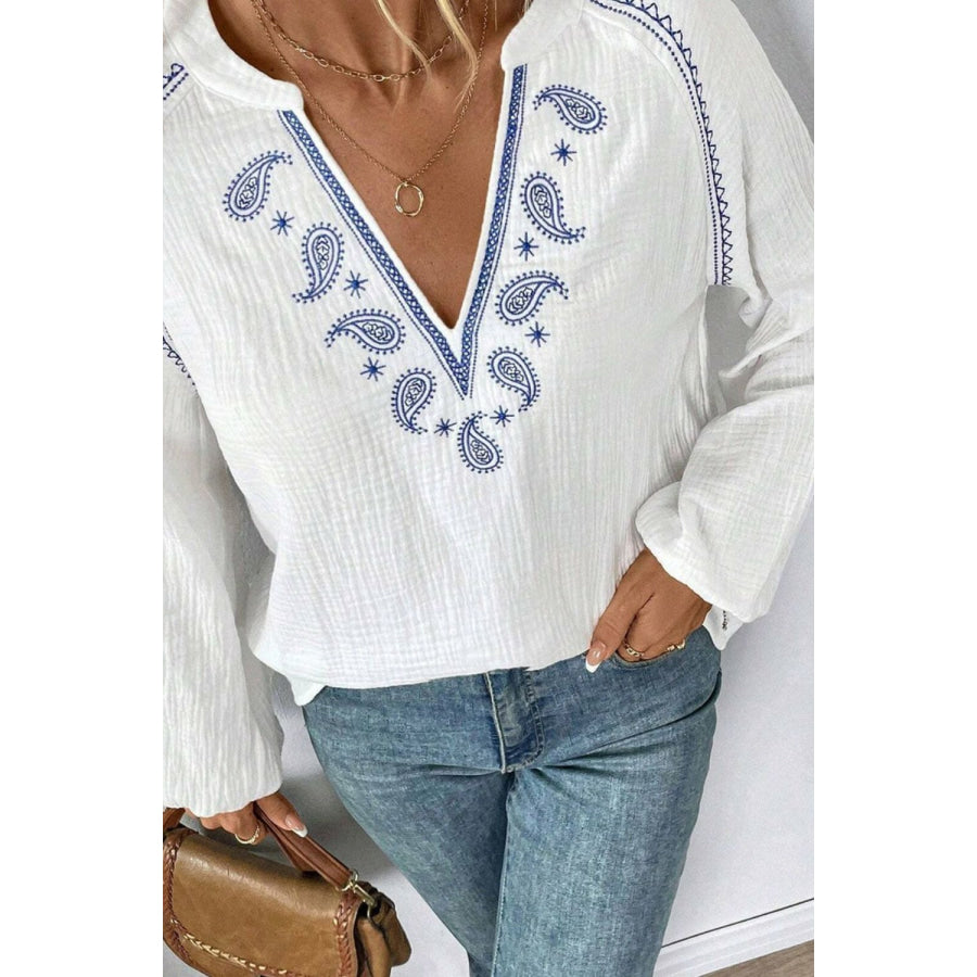 Embroidered Notched Long Sleeve Blouse Apparel and Accessories