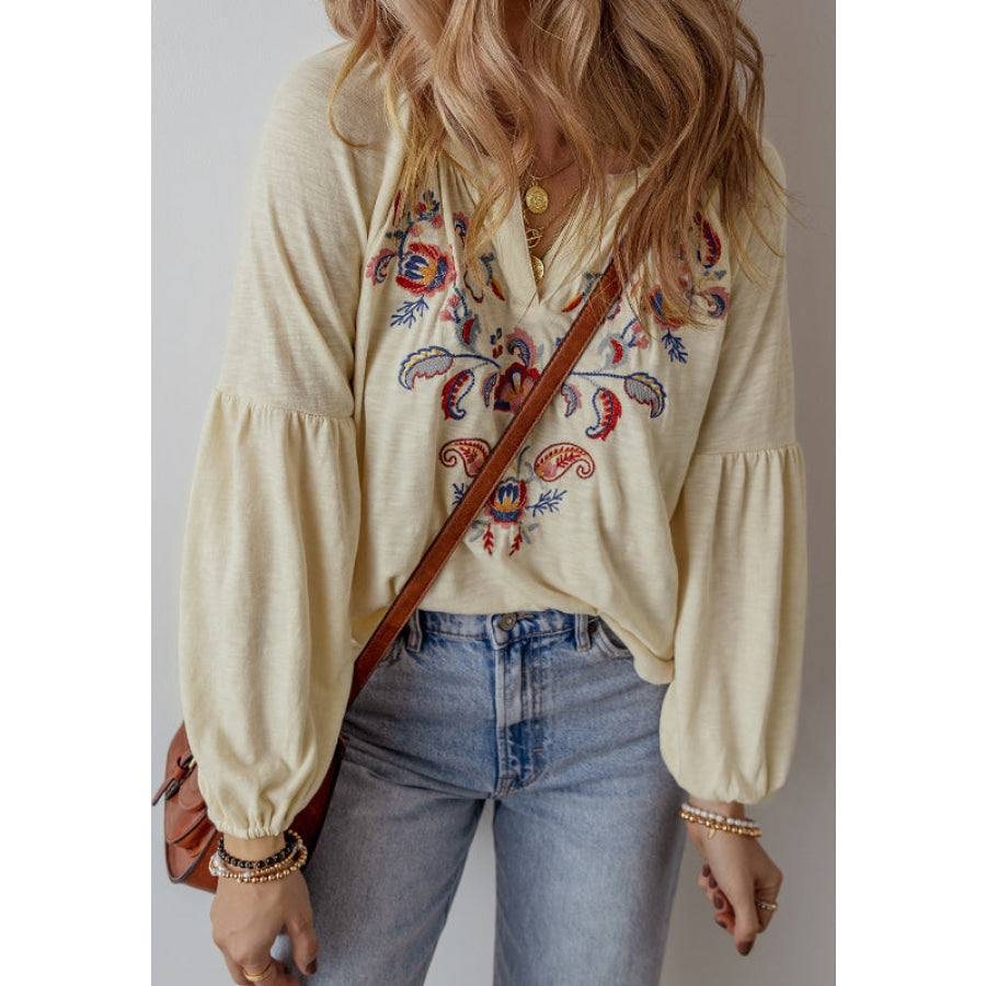 Embroidered Notched Long Sleeve Blouse Apparel and Accessories