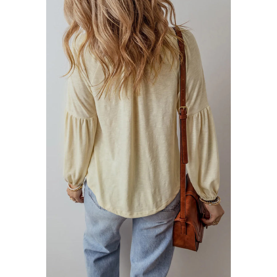 Embroidered Notched Long Sleeve Blouse Apparel and Accessories