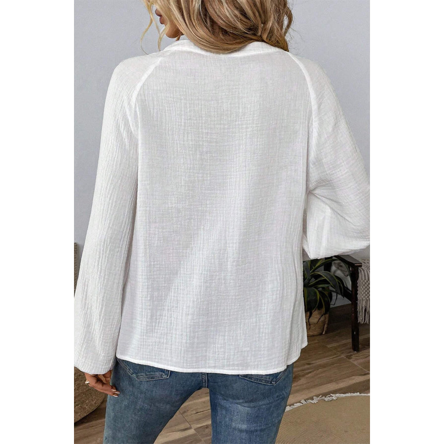 Embroidered Notched Long Sleeve Blouse Apparel and Accessories