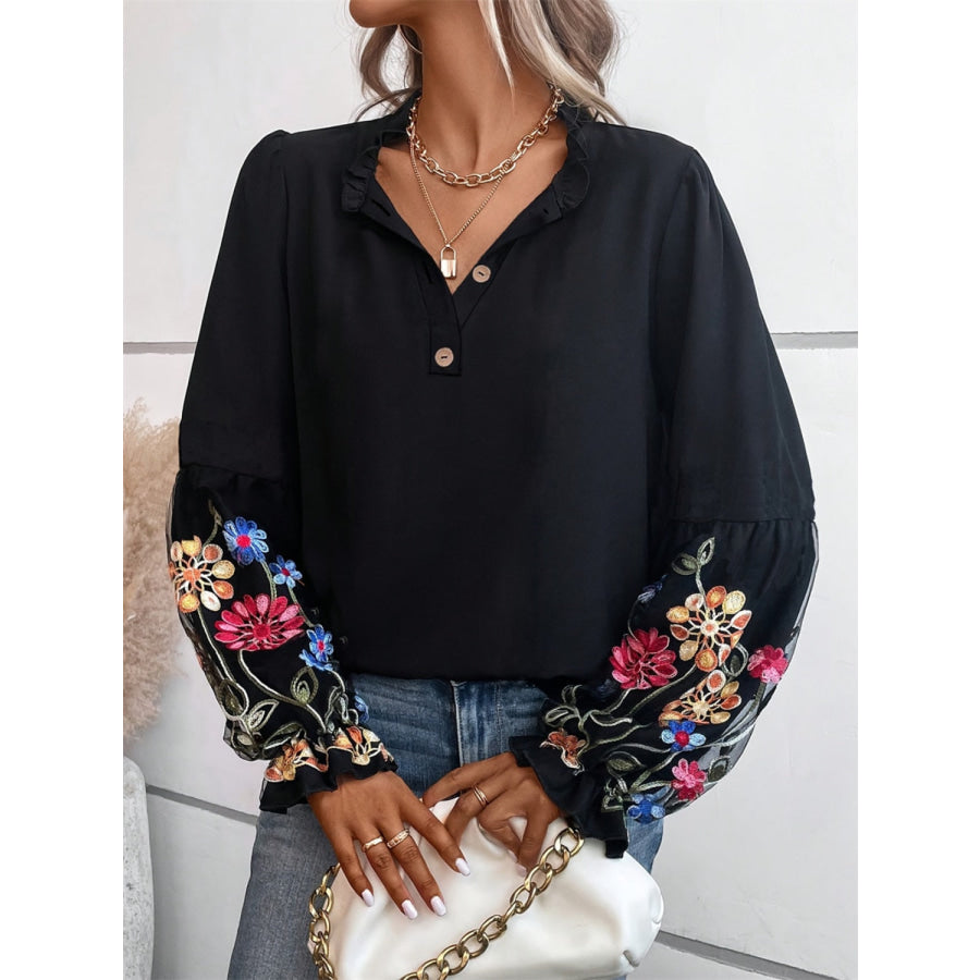 Embroidered Notched Long Sleeve Blouse Apparel and Accessories