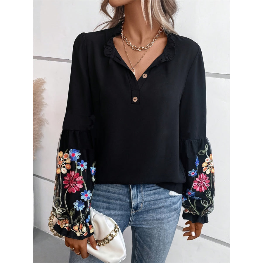 Embroidered Notched Long Sleeve Blouse Black / S Apparel and Accessories