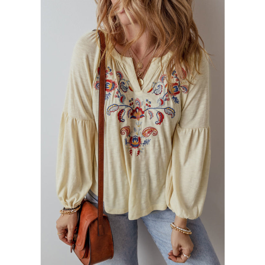 Embroidered Notched Long Sleeve Blouse Pastel Yellow / S Apparel and Accessories