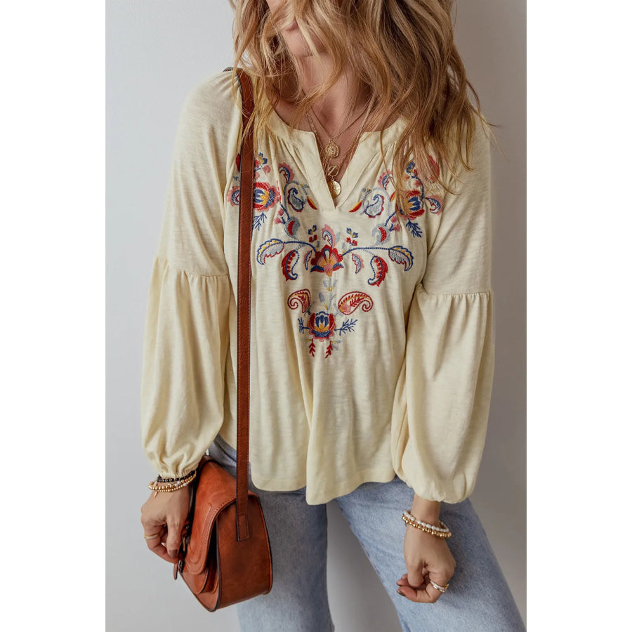 Embroidered Notched Long Sleeve Blouse Pastel Yellow / S Apparel and Accessories