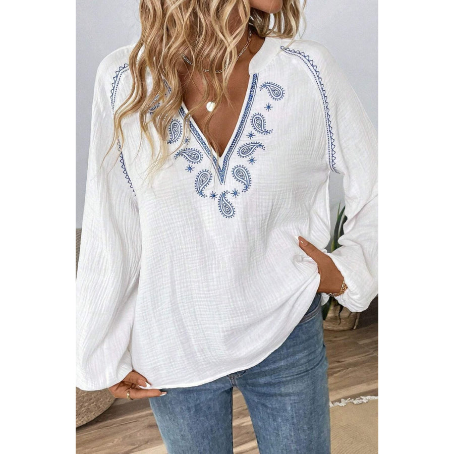 Embroidered Notched Long Sleeve Blouse White / S Apparel and Accessories