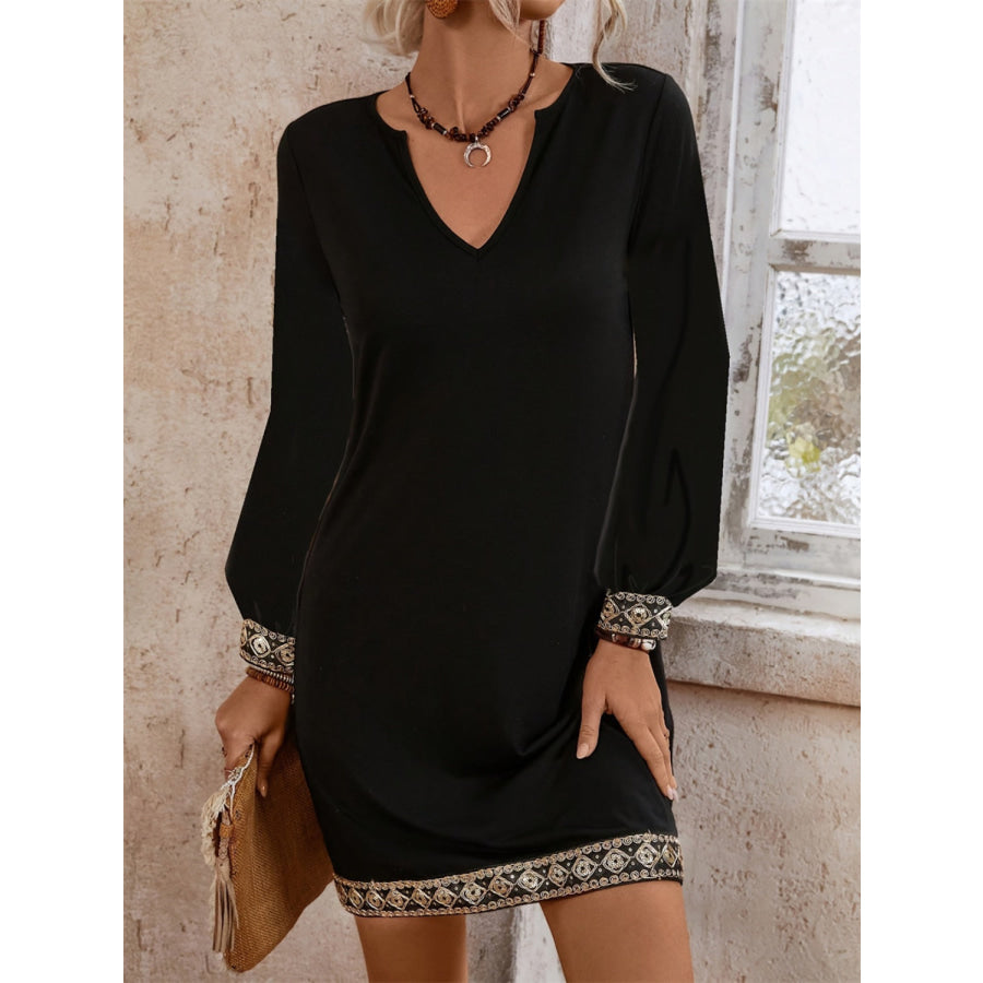 Embroidered Notched Long Sleeve Mini Dress Apparel and Accessories