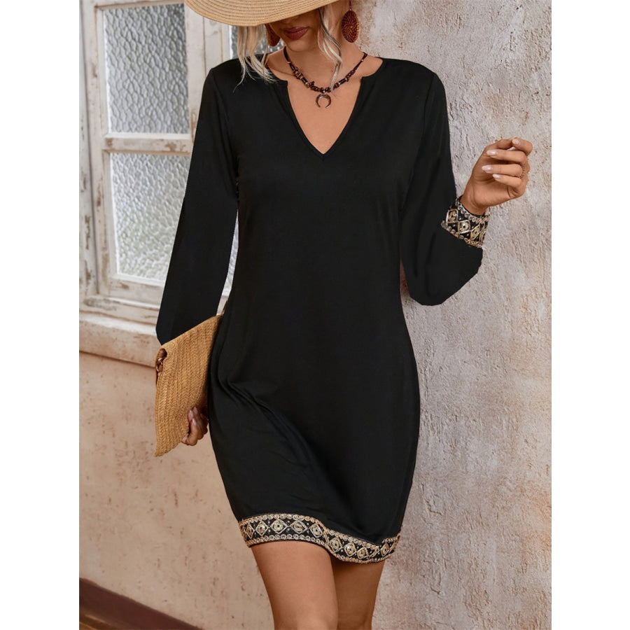 Embroidered Notched Long Sleeve Mini Dress Apparel and Accessories