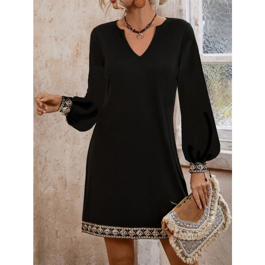 Embroidered Notched Long Sleeve Mini Dress Apparel and Accessories