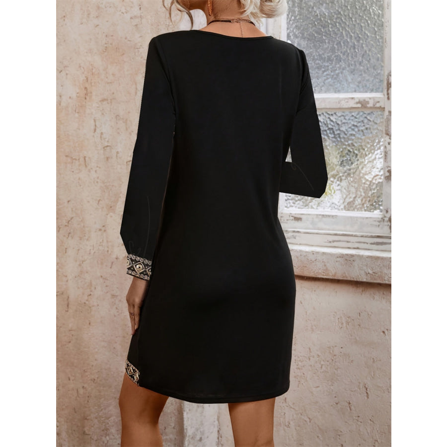 Embroidered Notched Long Sleeve Mini Dress Apparel and Accessories