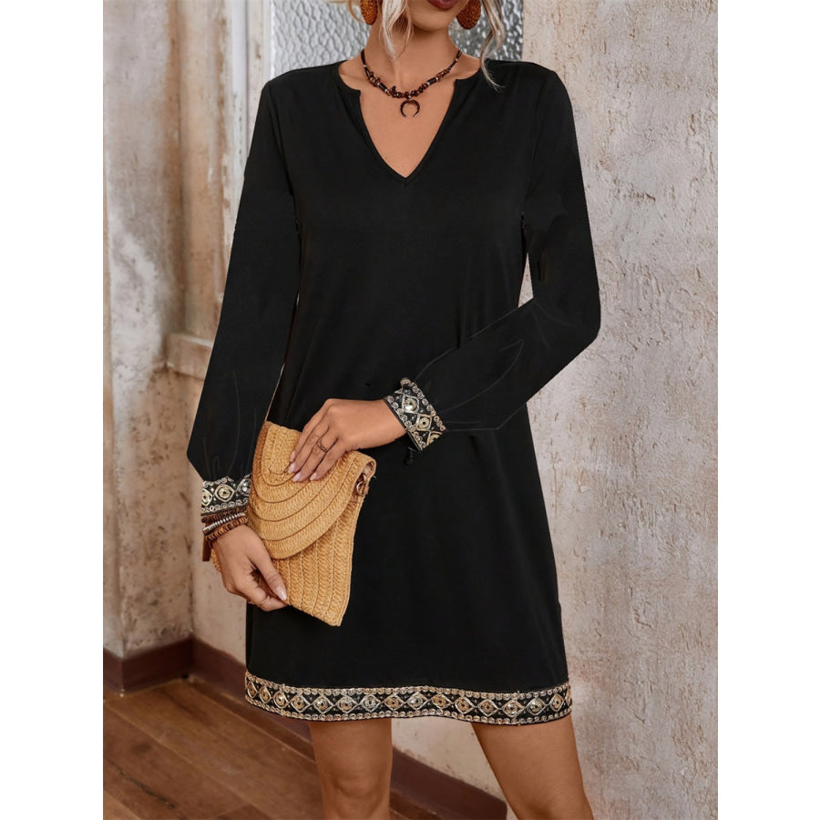 Embroidered Notched Long Sleeve Mini Dress Black / S Apparel and Accessories