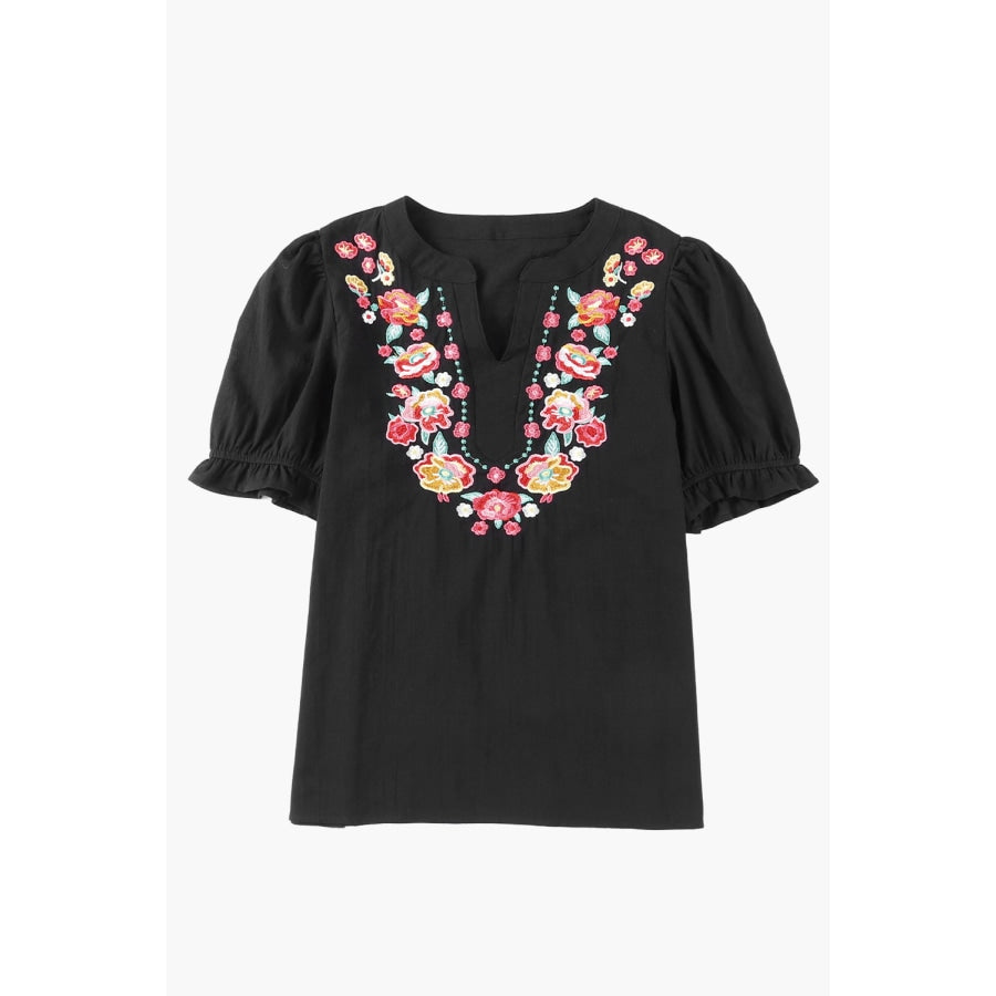 Embroidered Notched Neck Flounce Sleeve Top Black / S