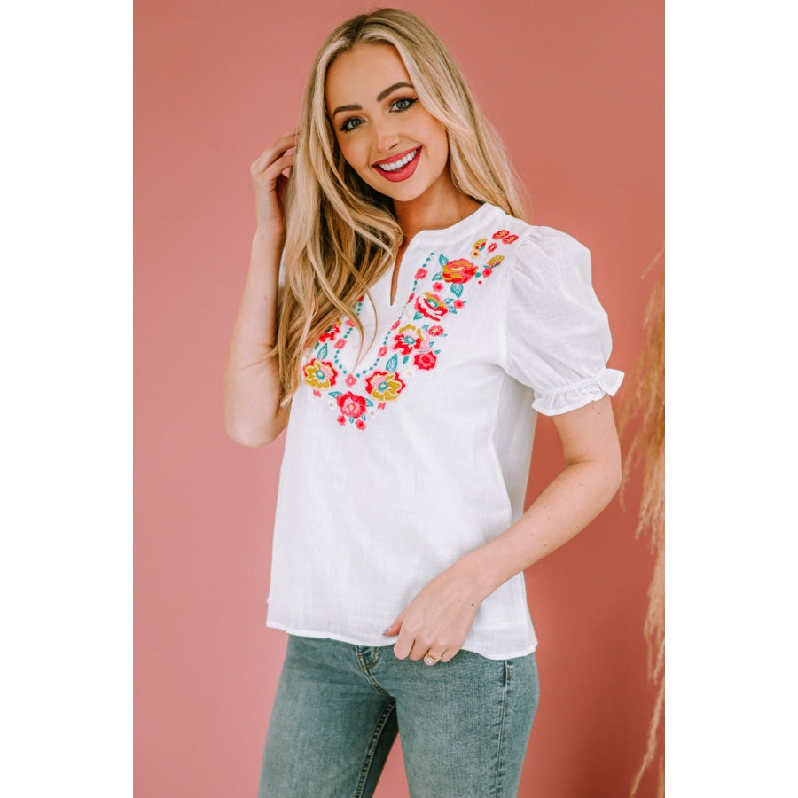 Embroidered Notched Neck Flounce Sleeve Top