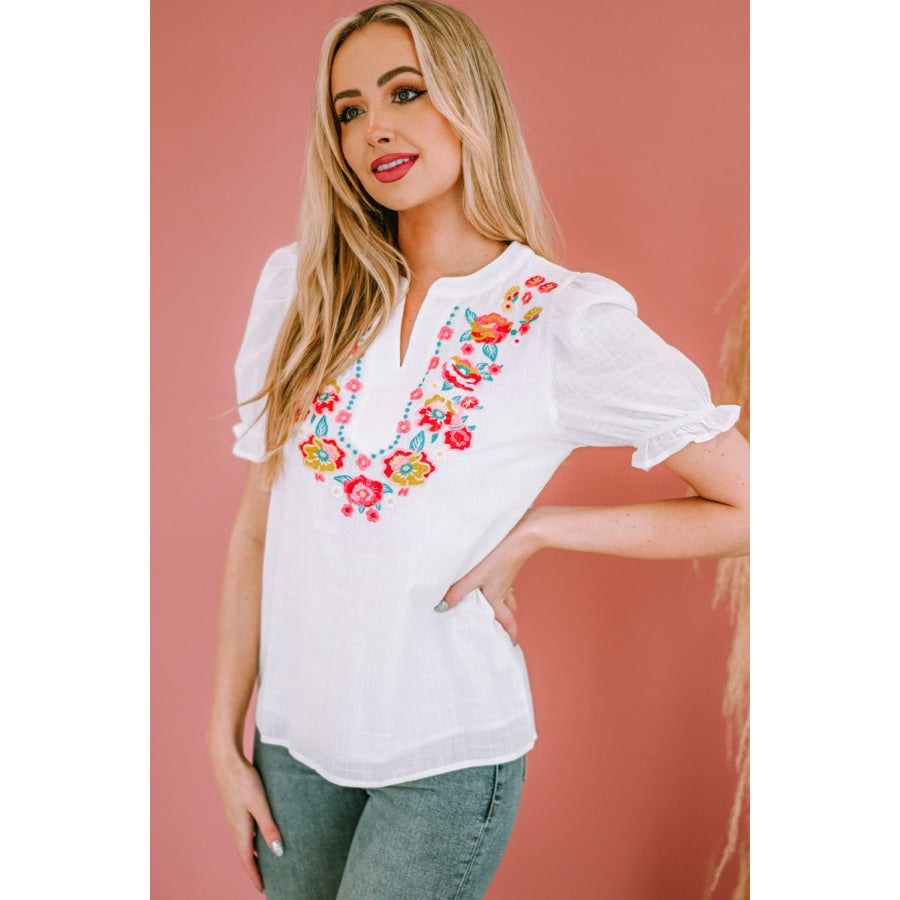 Embroidered Notched Neck Flounce Sleeve Top