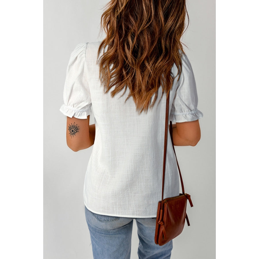 Embroidered Notched Neck Flounce Sleeve Top