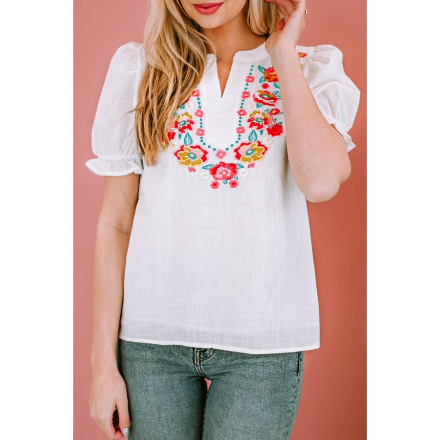 Embroidered Notched Neck Flounce Sleeve Top