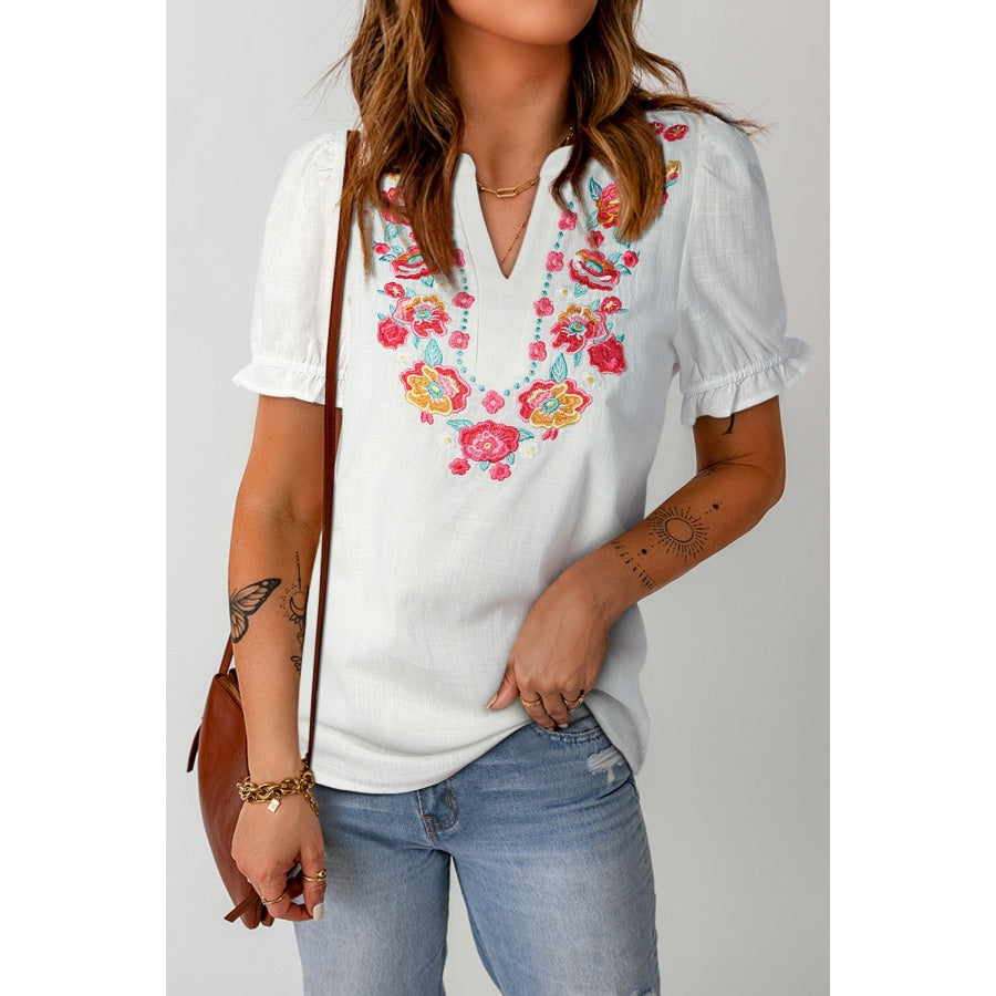 Embroidered Notched Neck Flounce Sleeve Top