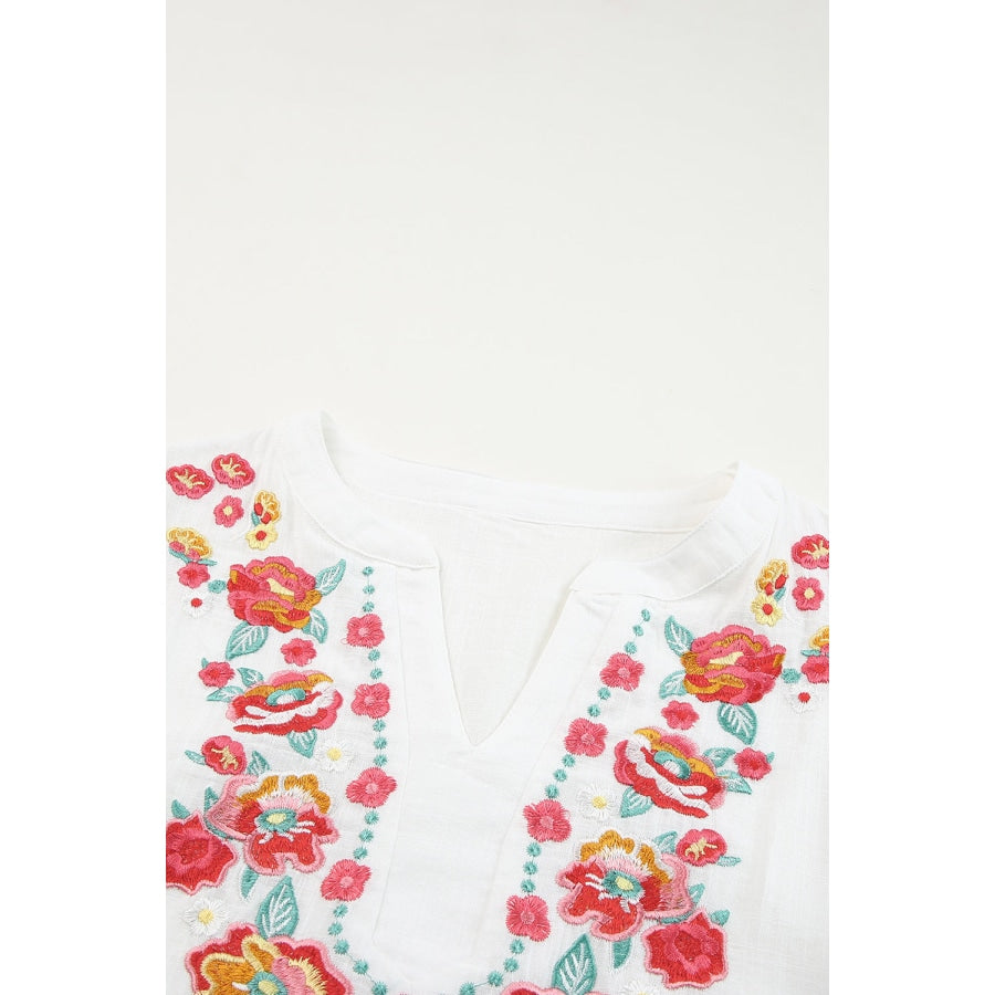 Embroidered Notched Neck Flounce Sleeve Top