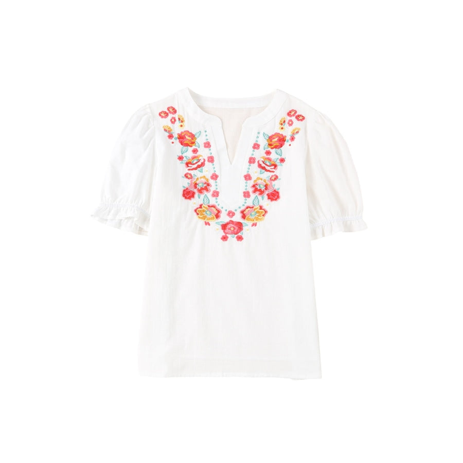 Embroidered Notched Neck Flounce Sleeve Top