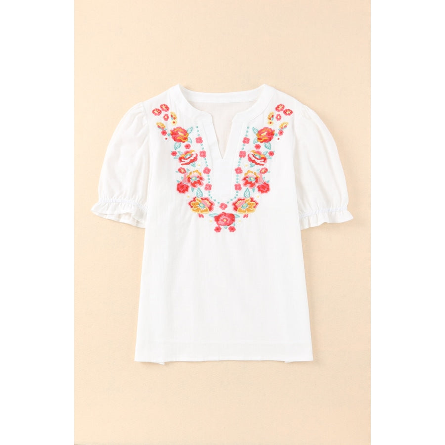 Embroidered Notched Neck Flounce Sleeve Top