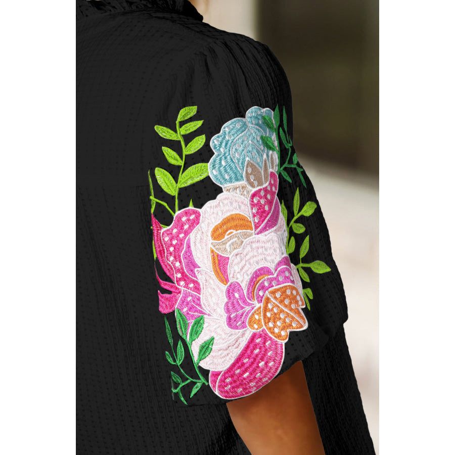 Embroidered Notched Puff Sleeve Blouse Apparel and Accessories