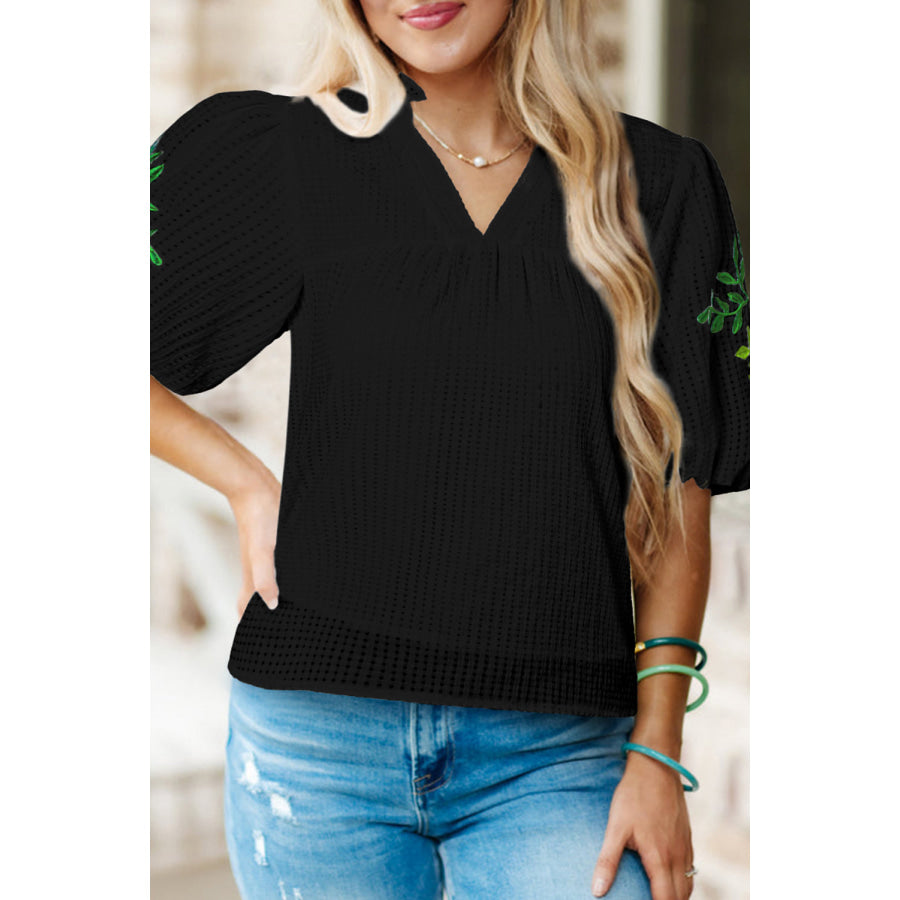 Embroidered Notched Puff Sleeve Blouse Black / S Apparel and Accessories