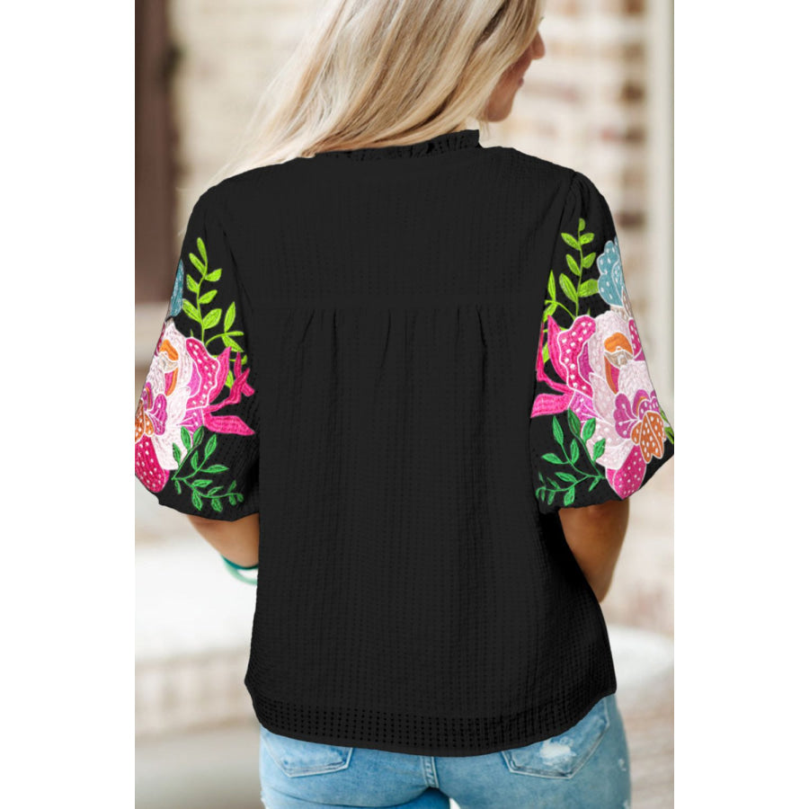 Embroidered Notched Puff Sleeve Blouse Black / S Apparel and Accessories