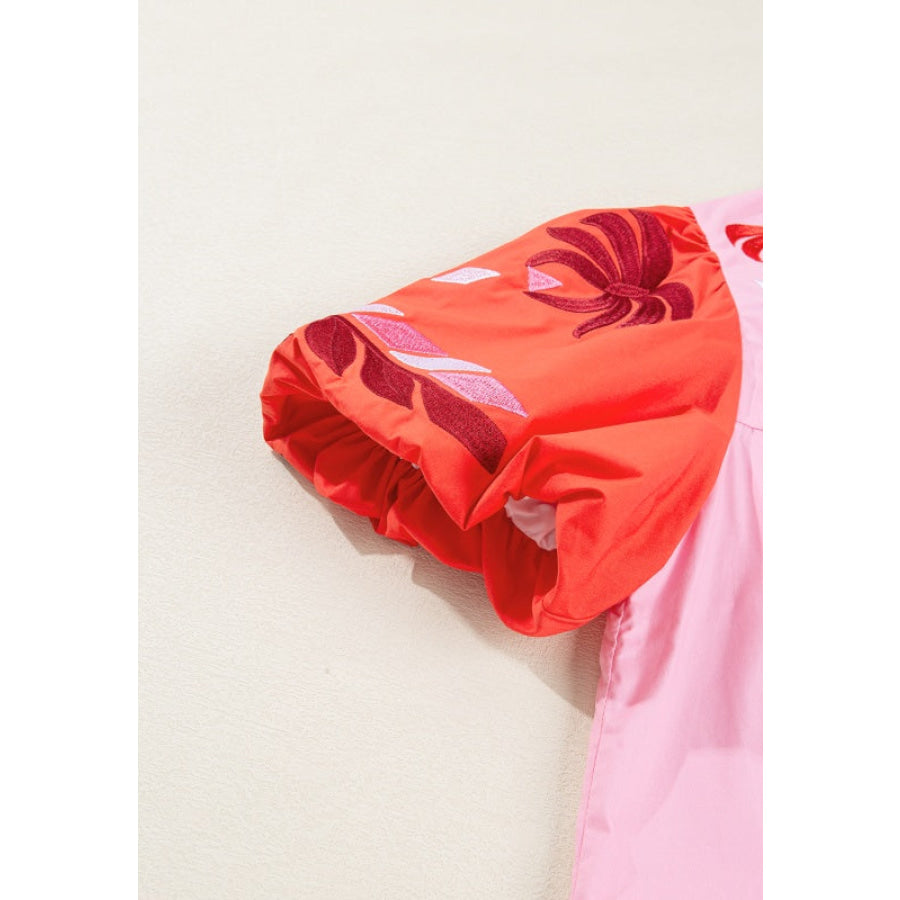 Embroidered Notched Short Sleeve Babydoll Blouse Apparel and Accessories