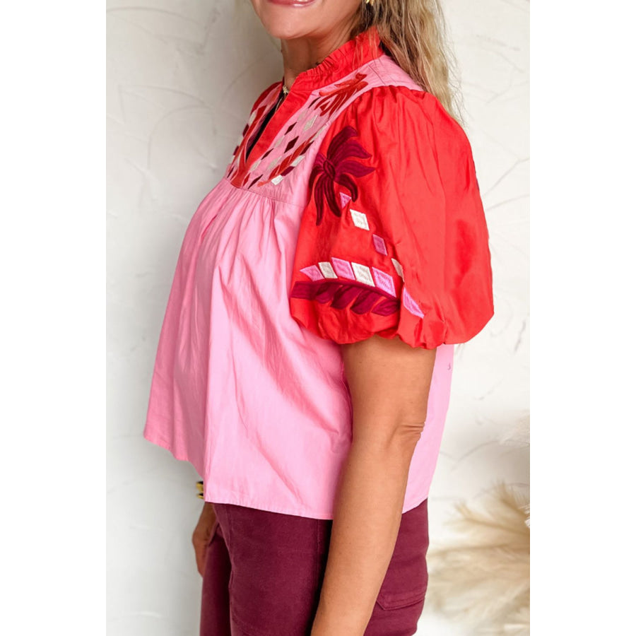 Embroidered Notched Short Sleeve Babydoll Blouse Apparel and Accessories