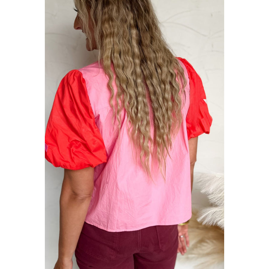 Embroidered Notched Short Sleeve Babydoll Blouse Apparel and Accessories