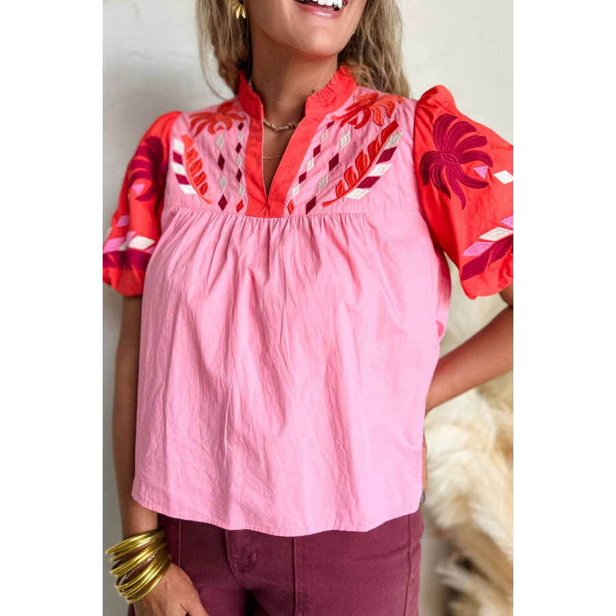 Embroidered Notched Short Sleeve Babydoll Blouse Pink / S Apparel and Accessories