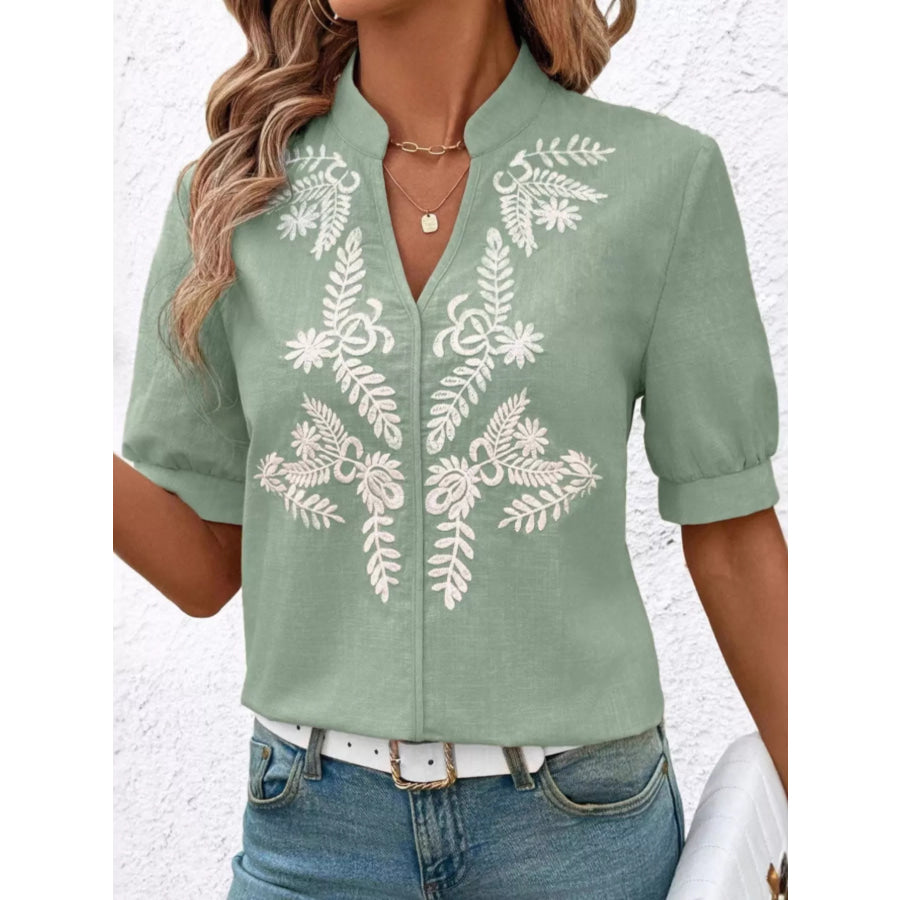 Embroidered Notched Short Sleeve Blouse Apparel and Accessories