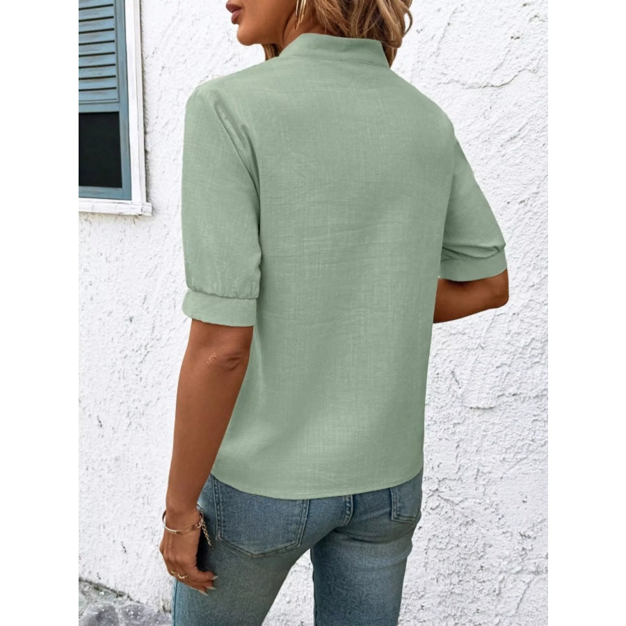 Embroidered Notched Short Sleeve Blouse Apparel and Accessories