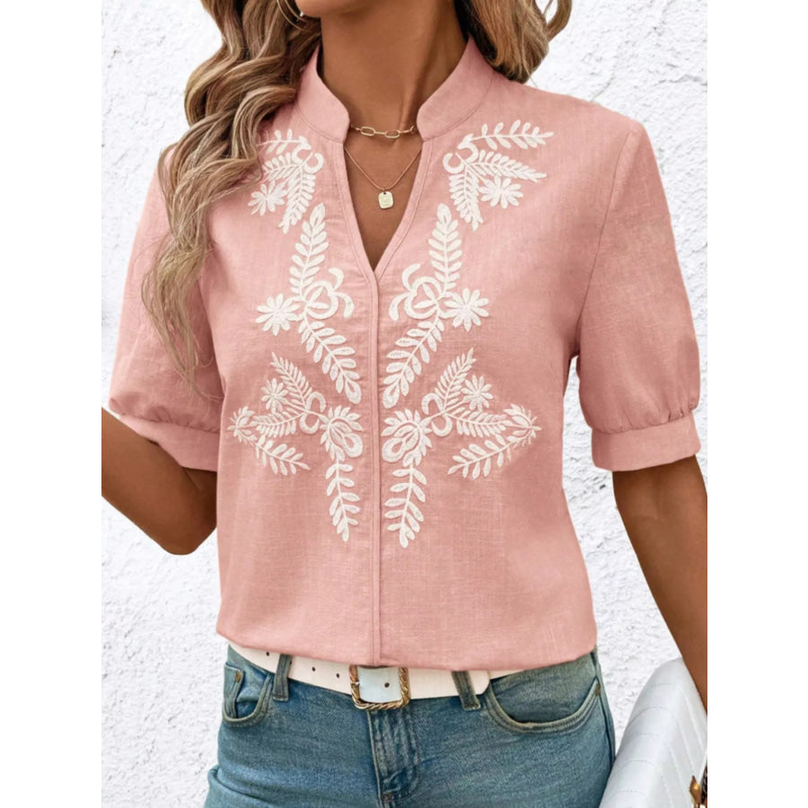 Embroidered Notched Short Sleeve Blouse Apparel and Accessories