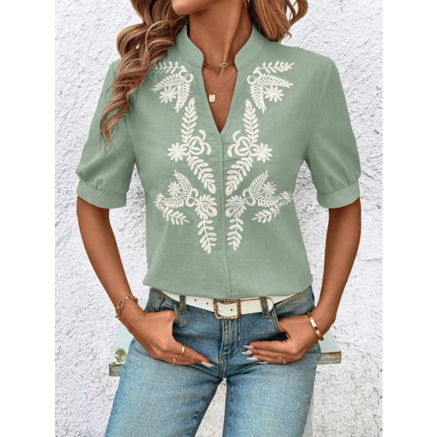 Embroidered Notched Short Sleeve Blouse Apparel and Accessories