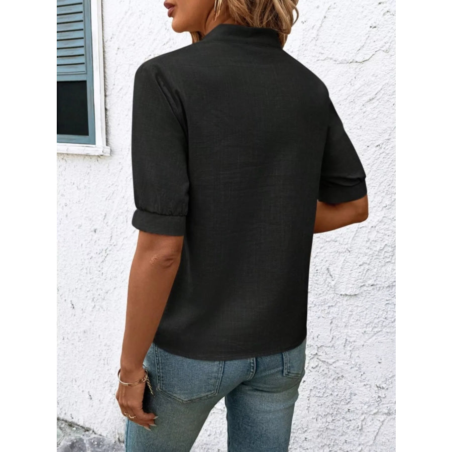 Embroidered Notched Short Sleeve Blouse Apparel and Accessories