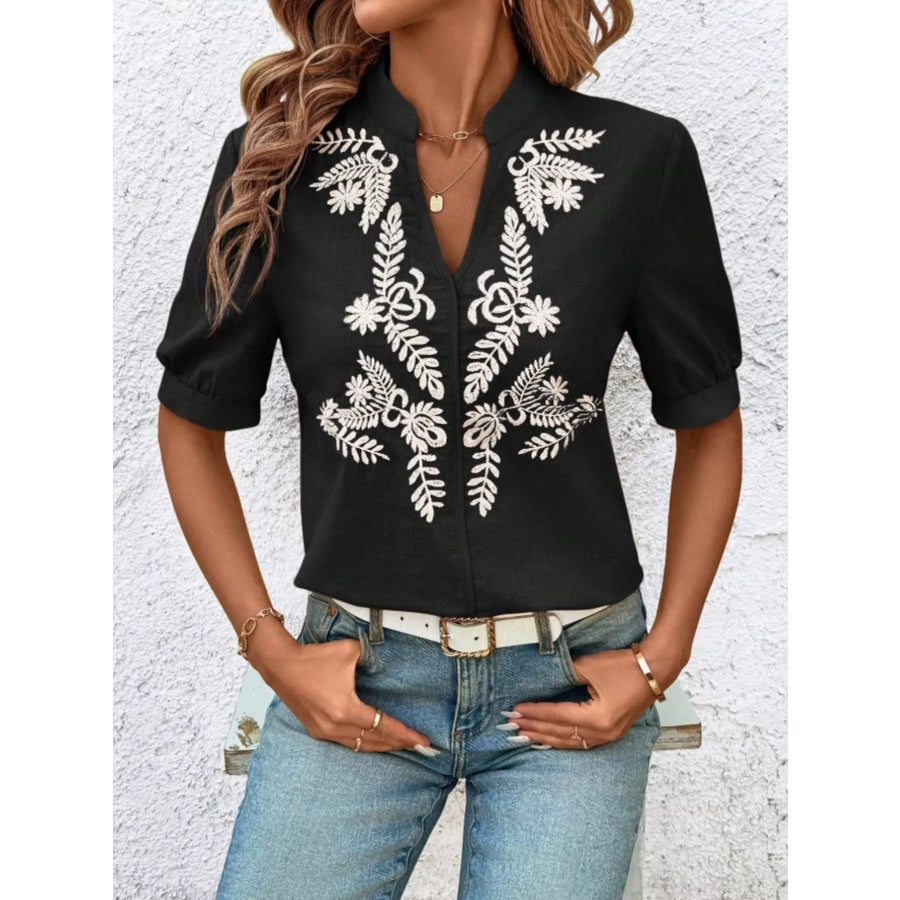 Embroidered Notched Short Sleeve Blouse Apparel and Accessories