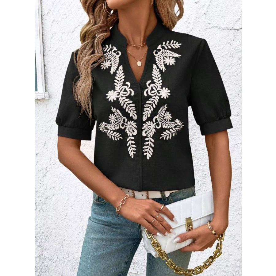 Embroidered Notched Short Sleeve Blouse Apparel and Accessories