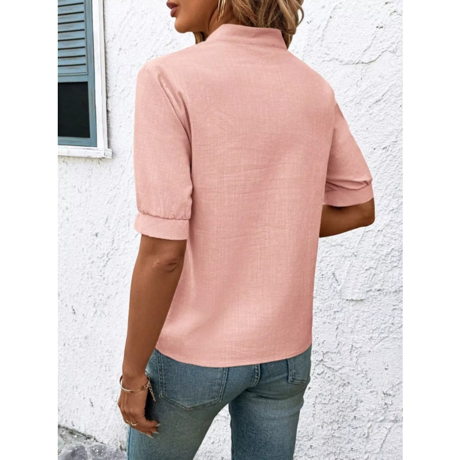 Embroidered Notched Short Sleeve Blouse Apparel and Accessories