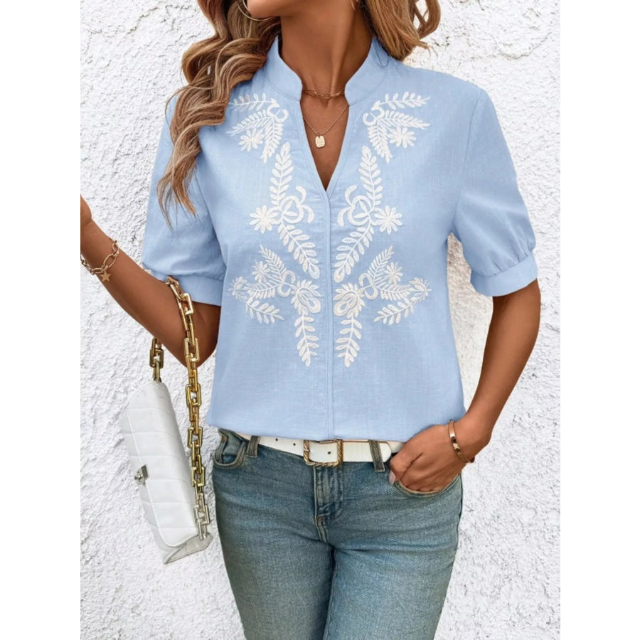 Embroidered Notched Short Sleeve Blouse Apparel and Accessories
