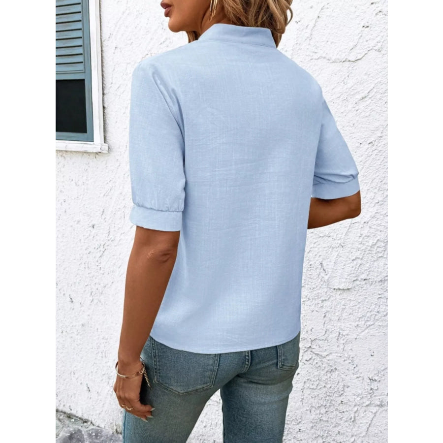 Embroidered Notched Short Sleeve Blouse Apparel and Accessories