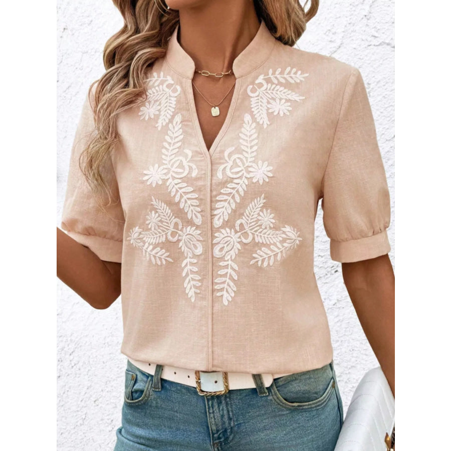 Embroidered Notched Short Sleeve Blouse Apricot / S Apparel and Accessories