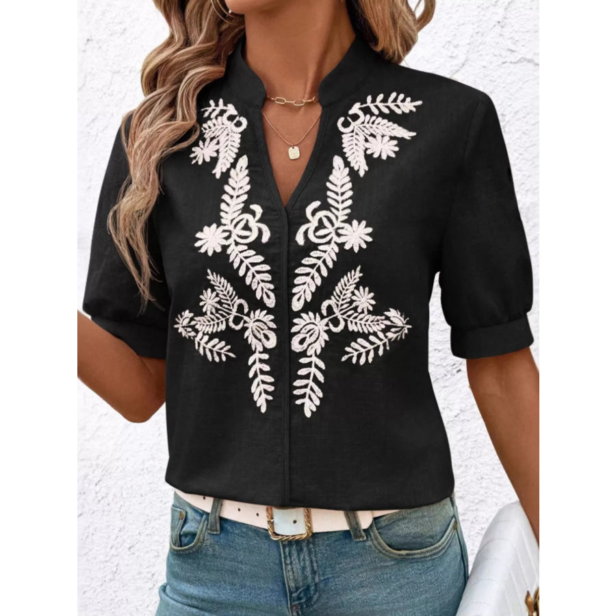 Embroidered Notched Short Sleeve Blouse Black / S Apparel and Accessories