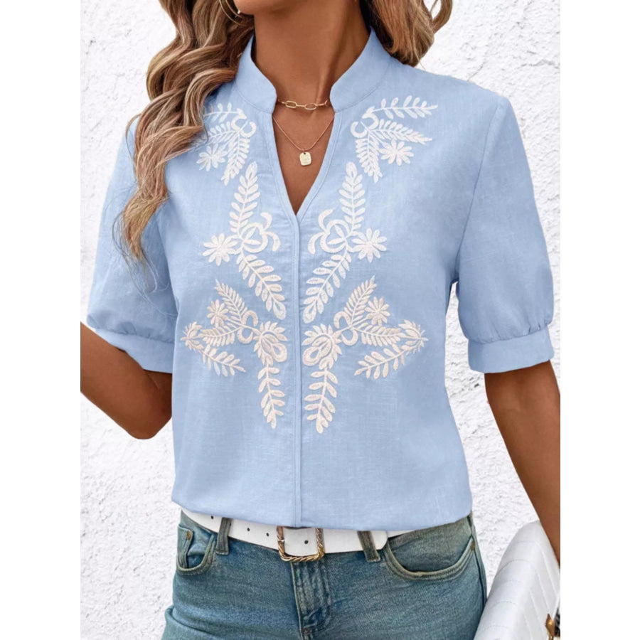 Embroidered Notched Short Sleeve Blouse Blue / S Apparel and Accessories
